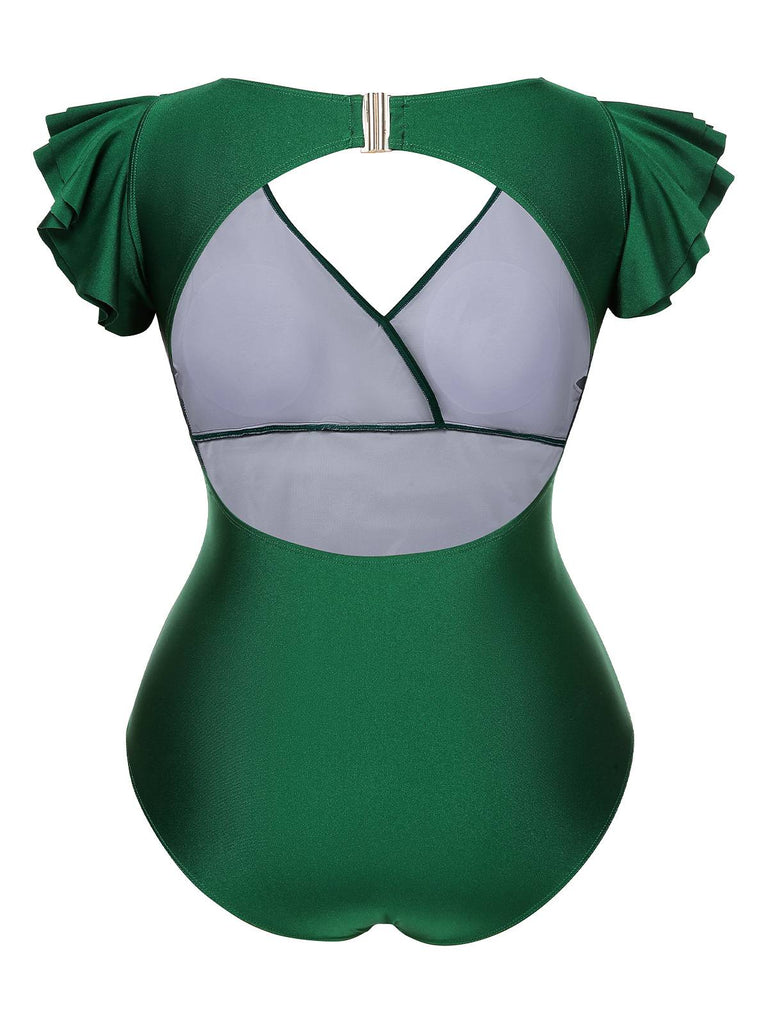 [Pre-Sale] [Plus Size] Green 1930s Ruffle Sleeve Back Hollow Swimsuit