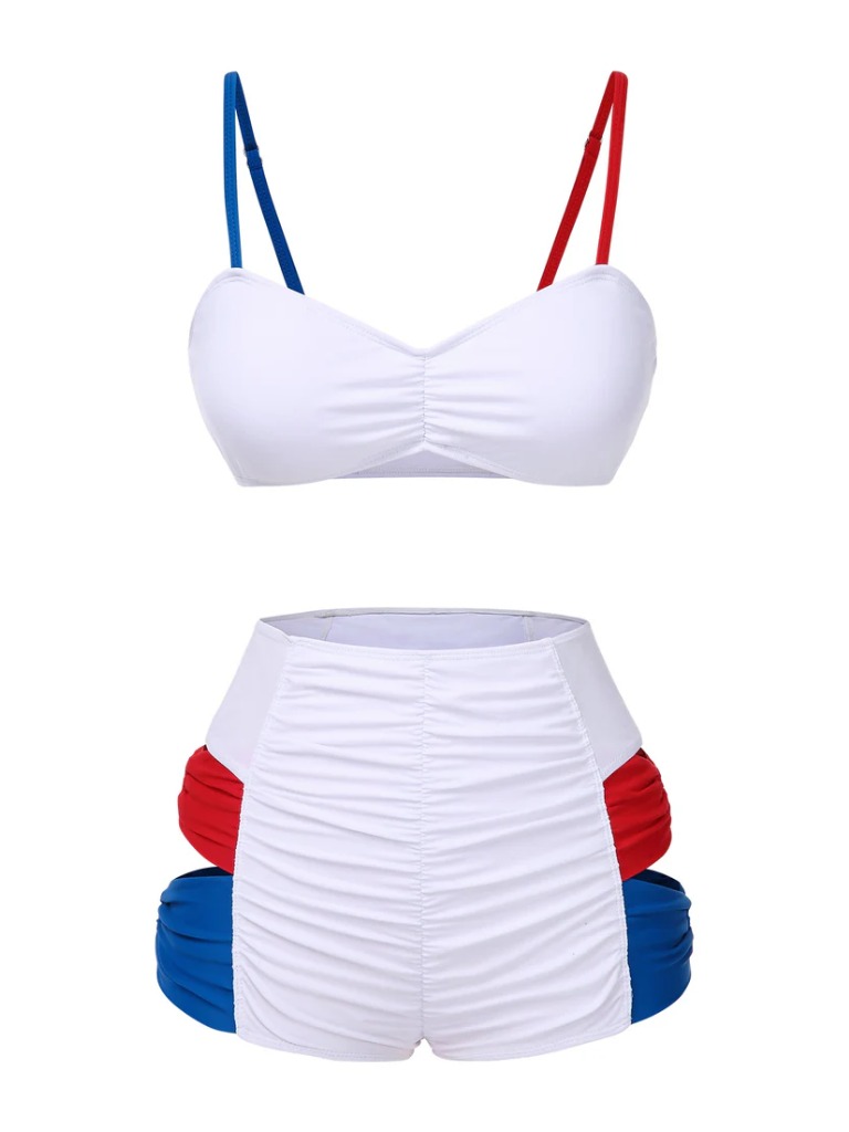 [Pre-Sale] White 1930s Red & Blue Bow Hollow Bikini Set