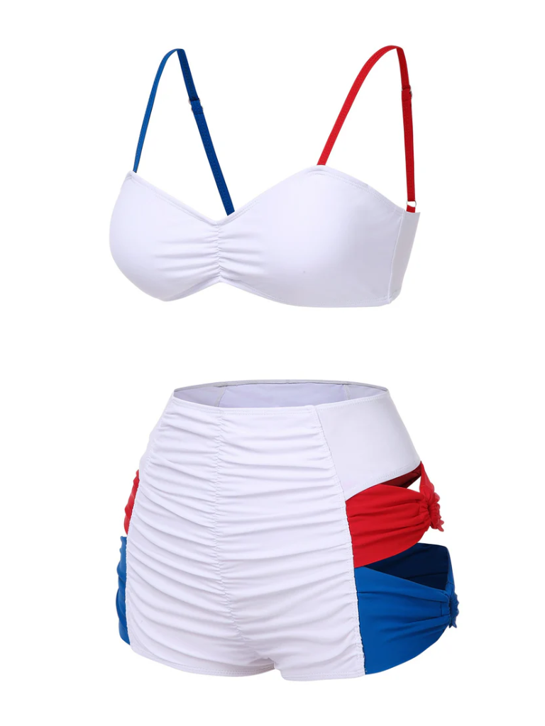 [Pre-Sale] White 1930s Red & Blue Bow Hollow Bikini Set