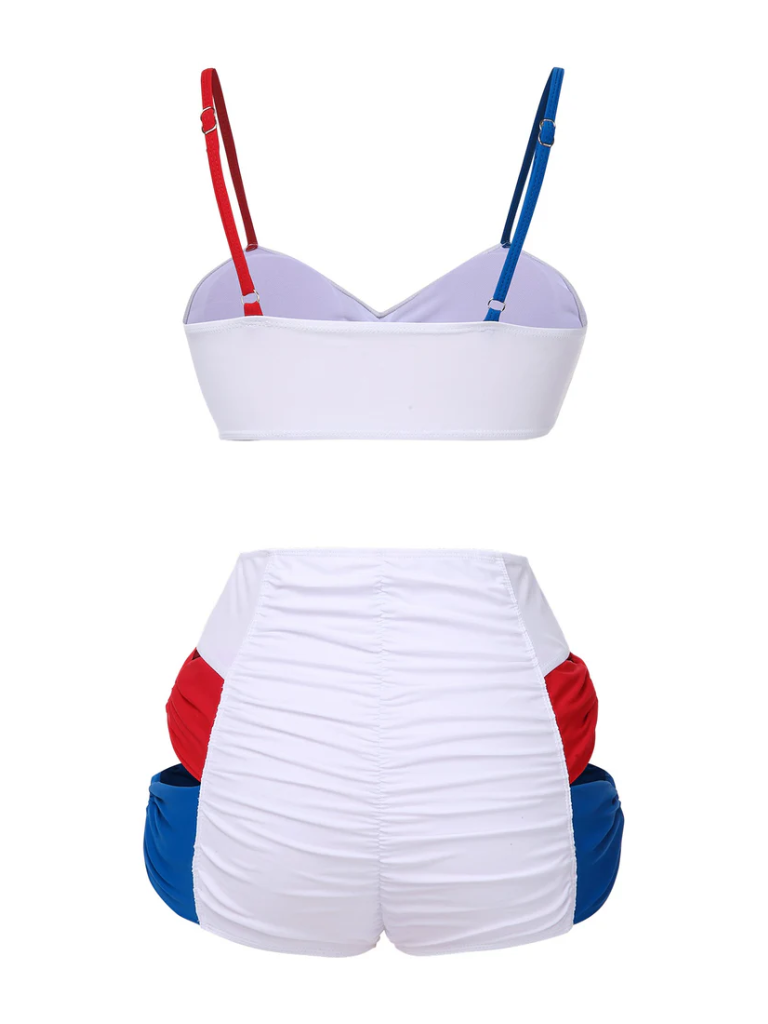 [Pre-Sale] White 1930s Red & Blue Bow Hollow Bikini Set