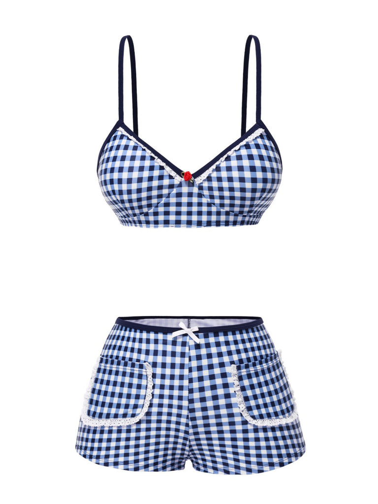 [Pre-Sale] Blue 1930s Rose Gingham Plaid Straps Swimsuit