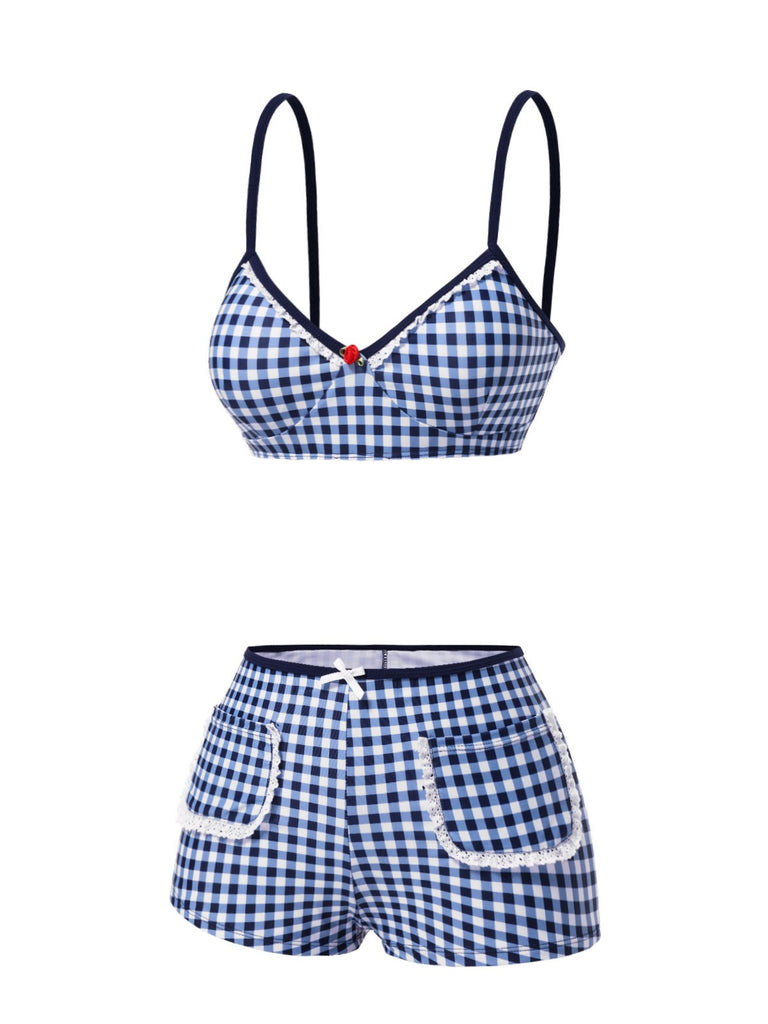 [Pre-Sale] Blue 1930s Rose Gingham Plaid Straps Swimsuit