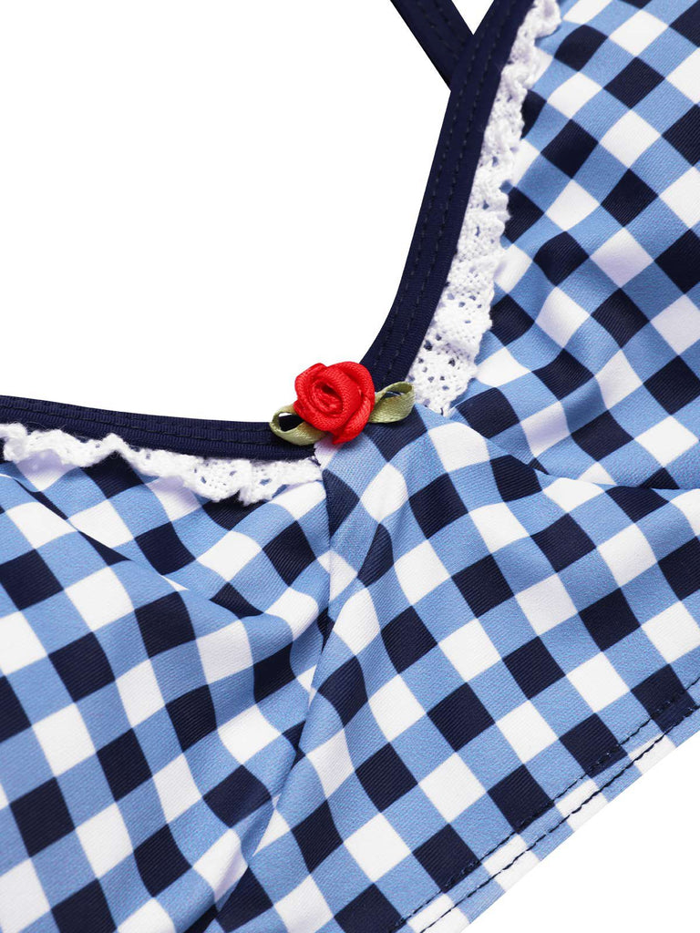 [Pre-Sale] Blue 1930s Rose Gingham Plaid Straps Swimsuit