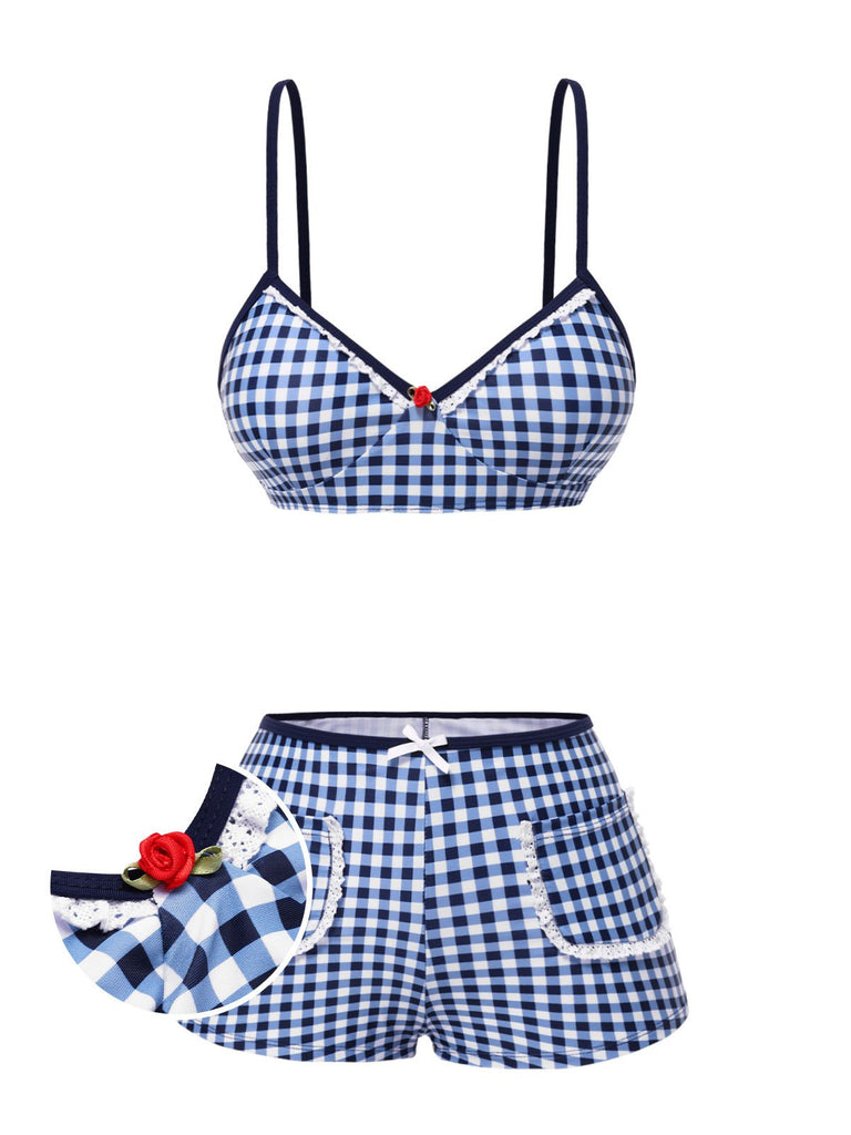 [Pre-Sale] Blue 1930s Rose Gingham Plaid Straps Swimsuit