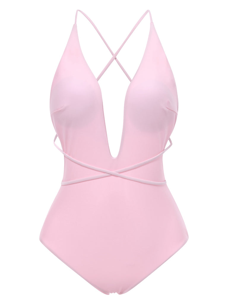 2PCS 1940s Deep-V One-Piece Swimsuit & Lace Cover-Up