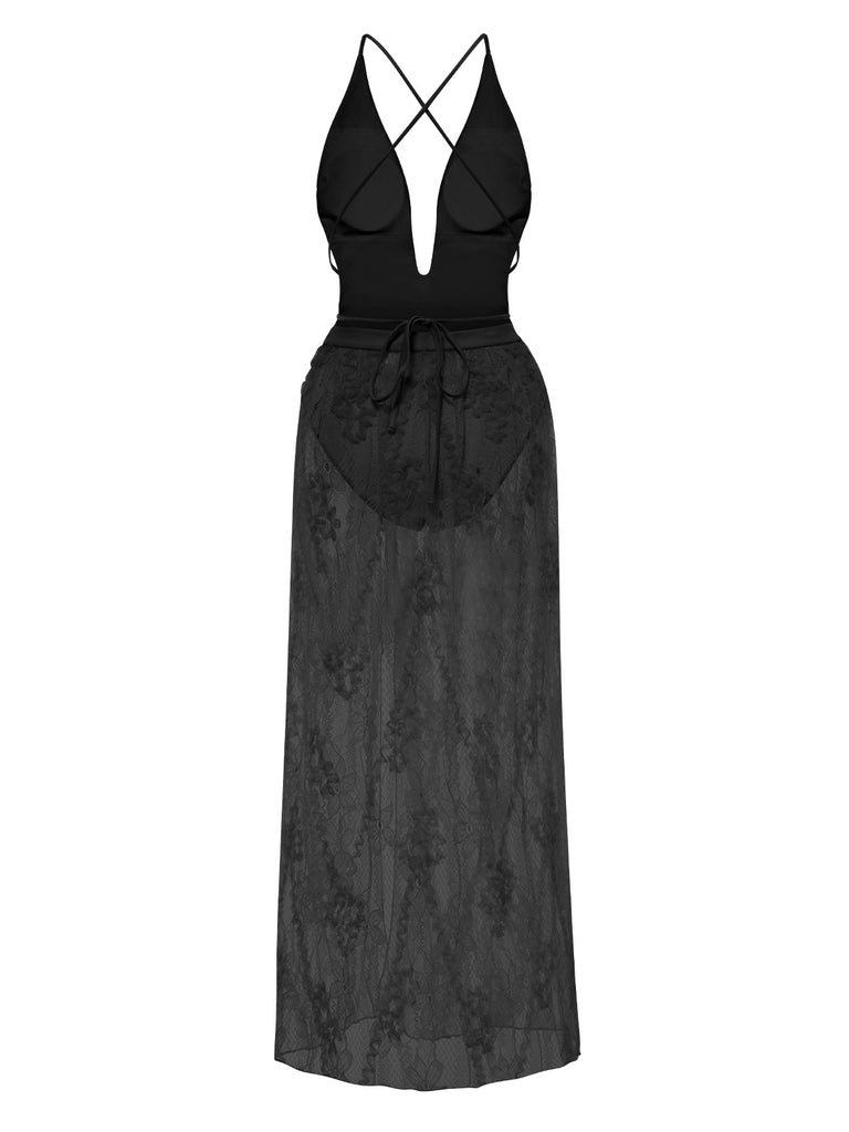 2PCS 1940s Deep-V One-Piece Swimsuit & Lace Cover-Up