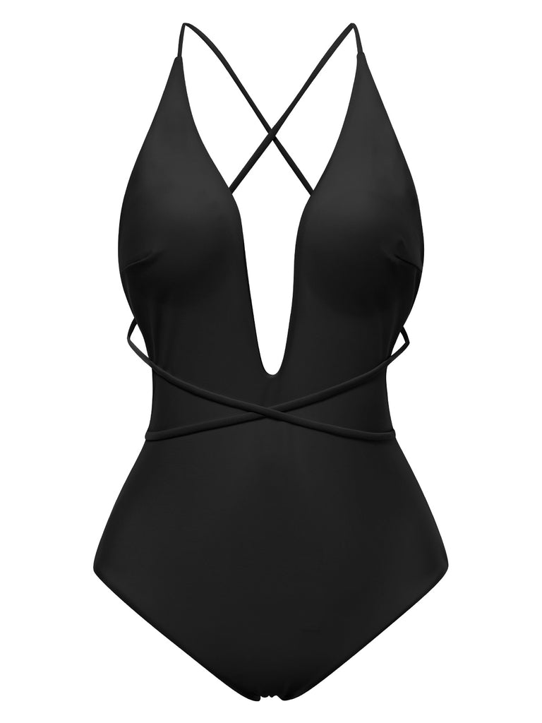 2PCS 1940s Deep-V One-Piece Swimsuit & Lace Cover-Up