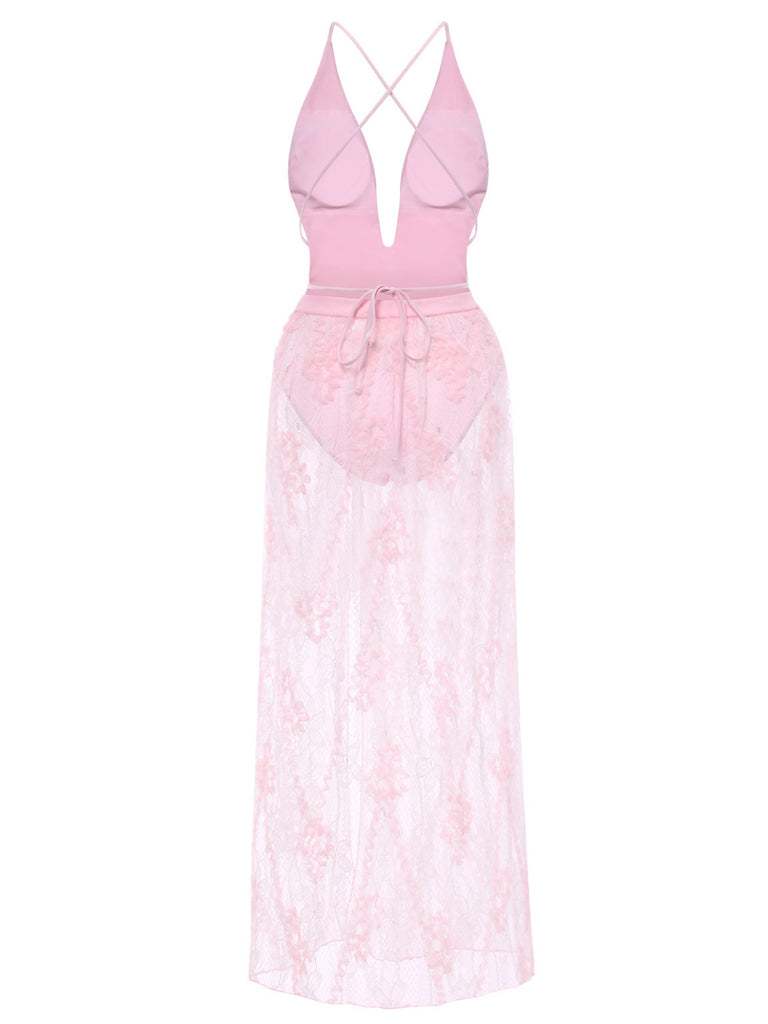2PCS 1940s Deep-V One-Piece Swimsuit & Lace Cover-Up