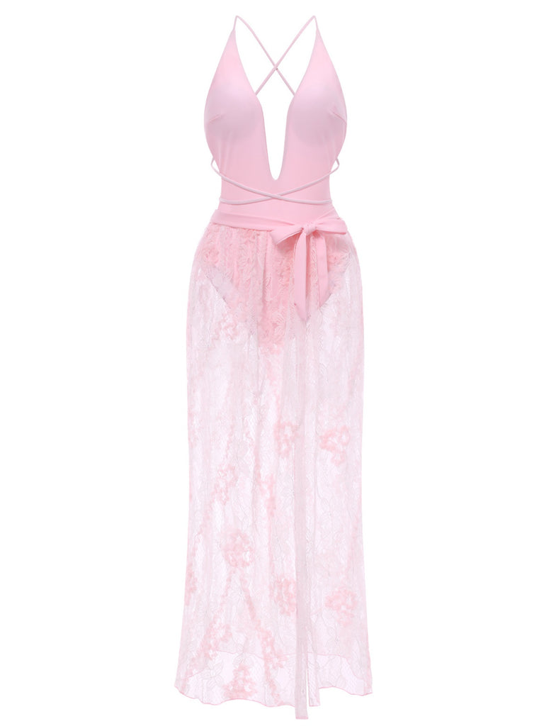 2PCS 1940s Deep-V One-Piece Swimsuit & Lace Cover-Up