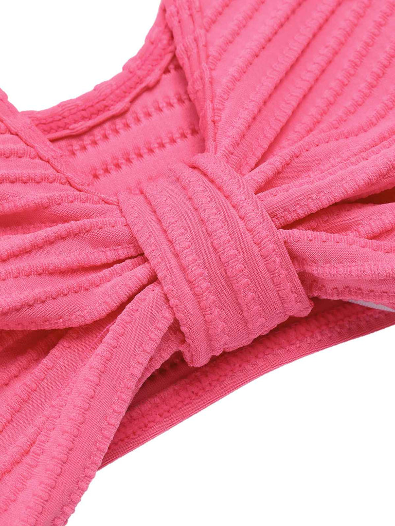 Pink 1940s Solid Ruffles Bow Ruched Bikini Set