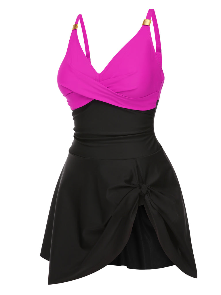 1940s Solid Ruffle Patchwork Twist Swimdress