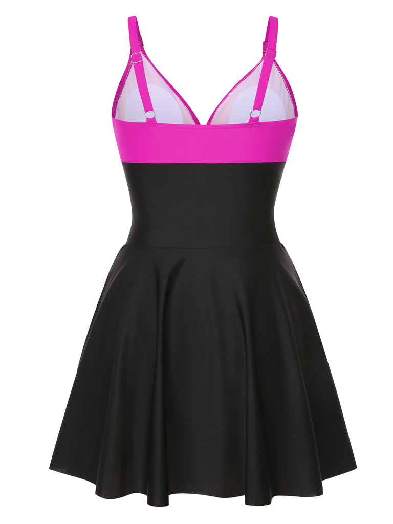 1940s Solid Ruffle Patchwork Twist Swimdress