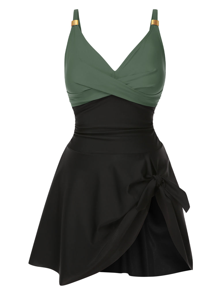 1940s Solid Ruffle Patchwork Twist Swimdress