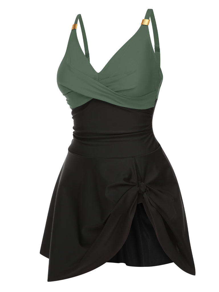 1940s Solid Ruffle Patchwork Twist Swimdress