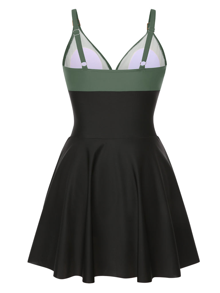 1940s Solid Ruffle Patchwork Twist Swimdress