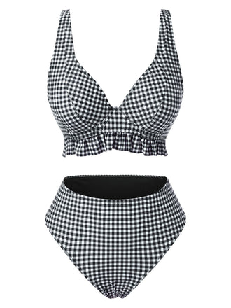 Black 1950s Plaid Deep V-Neck Ruffled Bikini Set