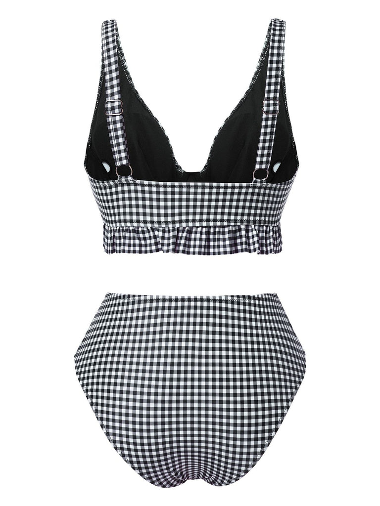 Black 1950s Plaid Deep V-Neck Ruffled Bikini Set