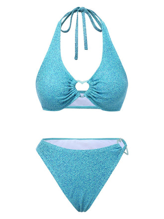 Blue 1970s Glitter Heart Hollow Bikini Set