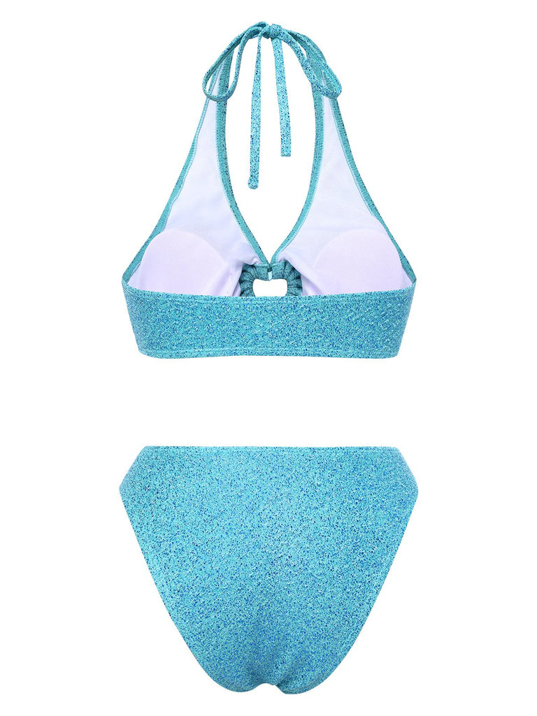 Blue 1970s Glitter Heart Hollow Bikini Set