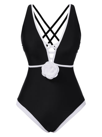 Black 1950s 3D Flower Patchwork One-Piece Swimsuit