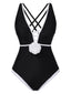 Black 1950s 3D Flower Patchwork One-Piece Swimsuit