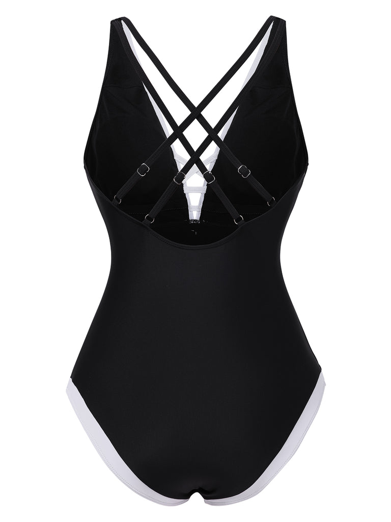 Black 1950s 3D Flower Patchwork One-Piece Swimsuit