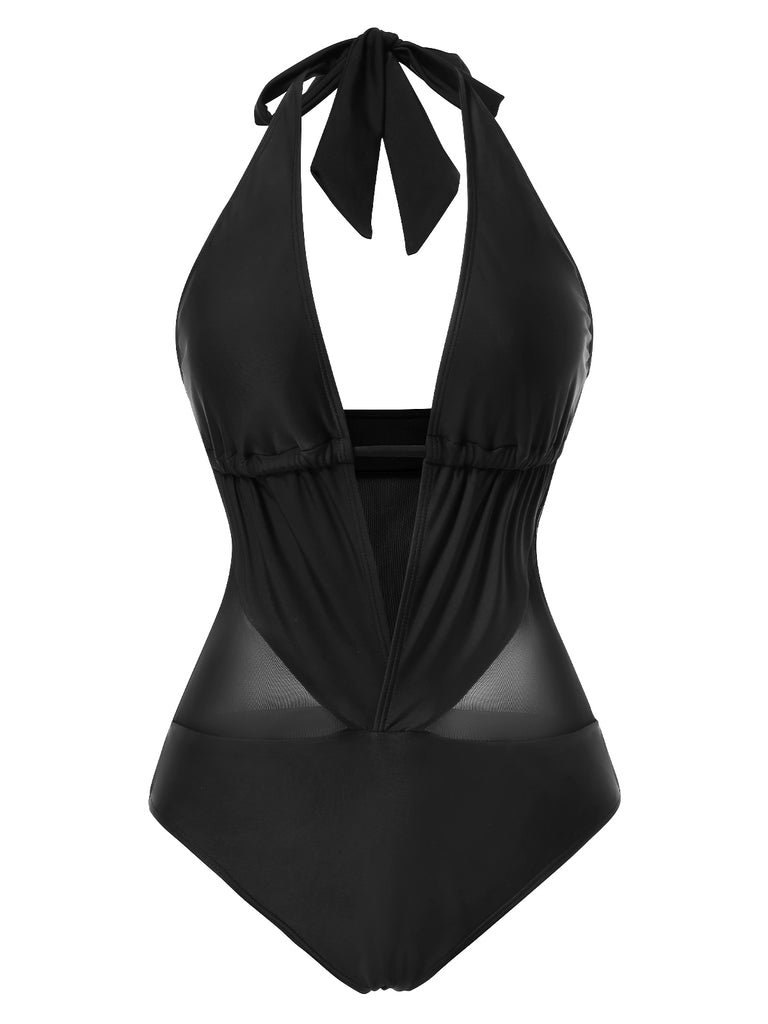 Black 1960s Solid Deep V-Neck Sheer Swimsuit