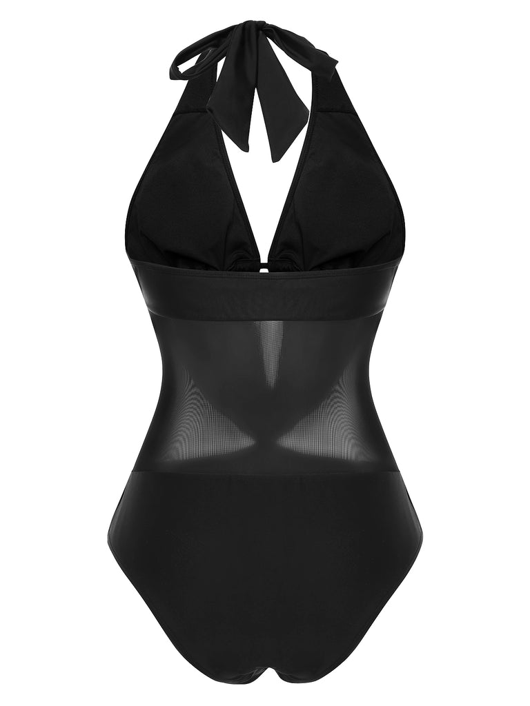 Black 1960s Solid Deep V-Neck Sheer Swimsuit