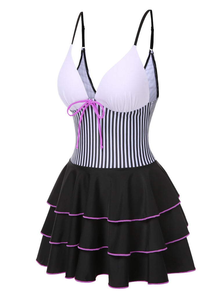 1940s Stripe Patchwork Layered Hem Swim Dress