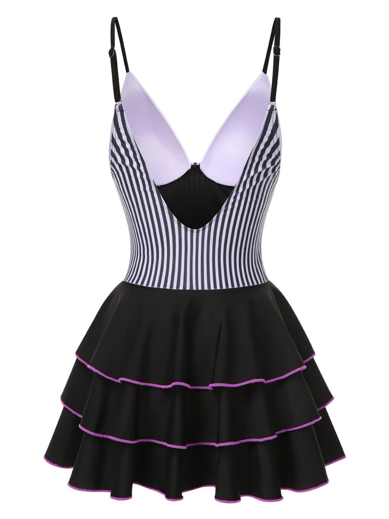 1940s Stripe Patchwork Layered Hem Swim Dress