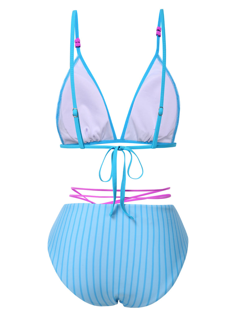 Sky Blue 1960s Striped Lace-Up Bow Bikini Set