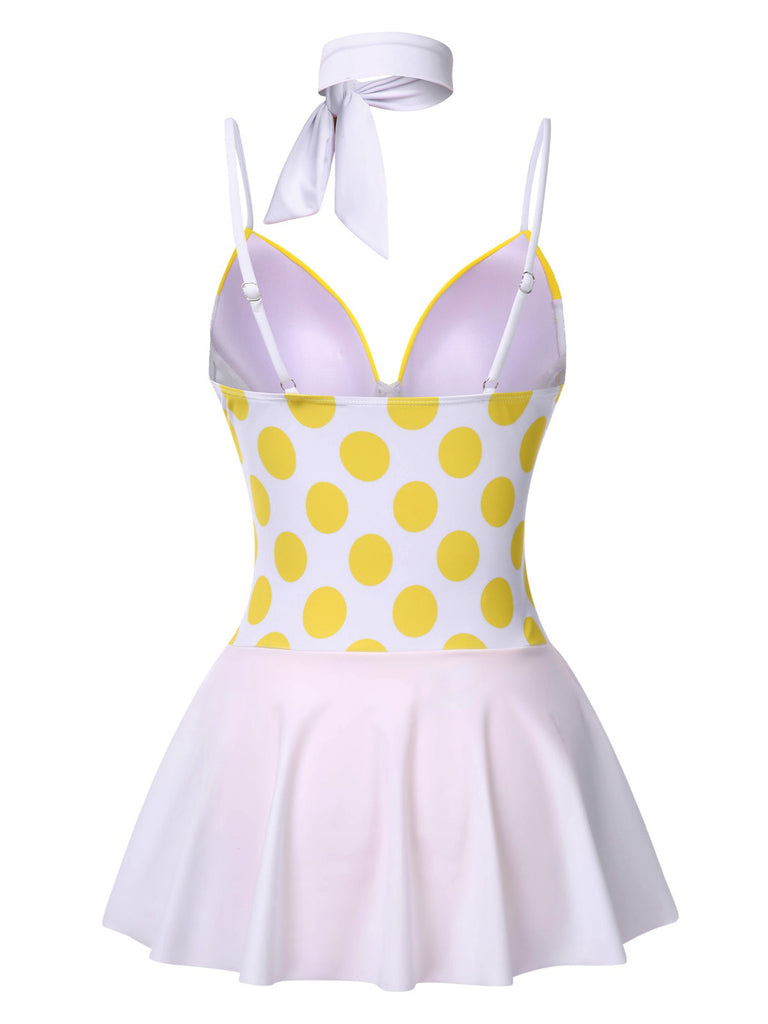 Yellow 1940s Polka Dot Bow Patchwork One-Piece Swimsuit