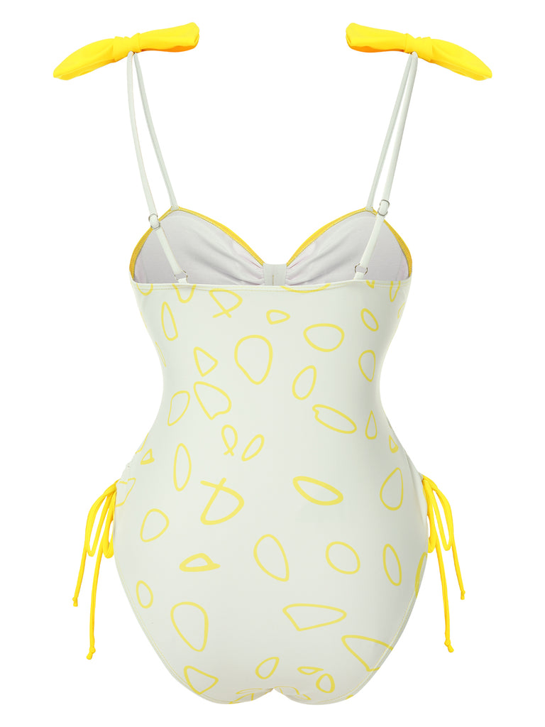 Yellow 1950s Bow Geometric Suspenders Swimsuit
