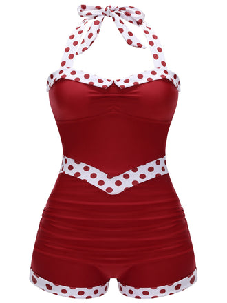 [Plus Size] Red 1940s Dots Patchwork Halter Swimsuit