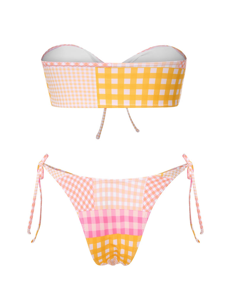 Pink 1970s Gingham Plaid Bandeau Bikini Set