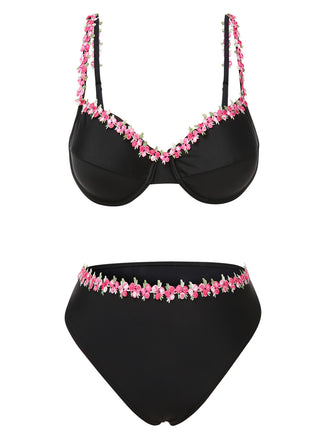 Black 1950s 3D Floral Spaghetti Straps Bikini Set