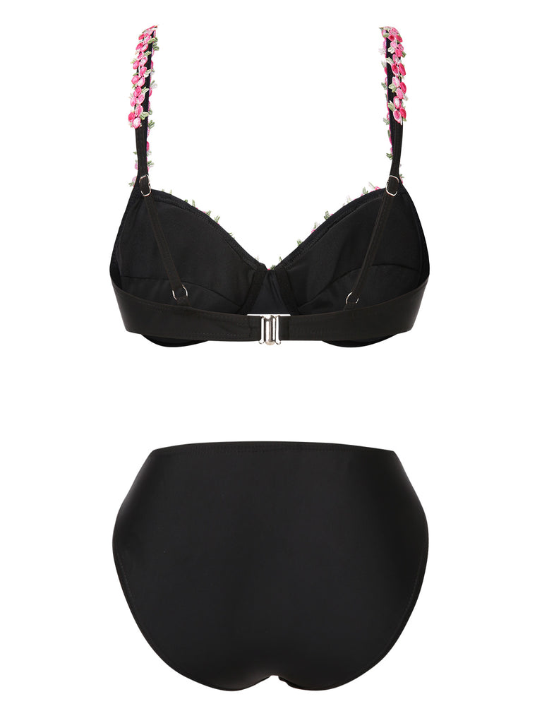 Black 1950s 3D Floral Spaghetti Straps Bikini Set