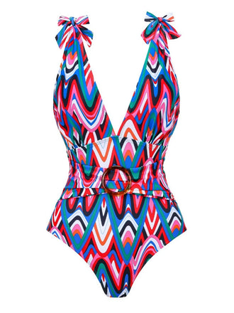 1970s Psychedelic Chevron Deep V-Neck Swimsuit