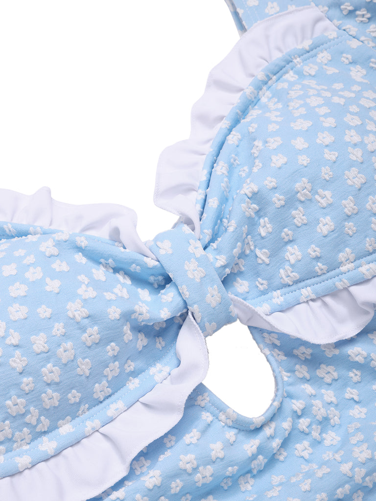 Blue 1940s Ditsy Floral Ruffles One-Piece Swimsuit