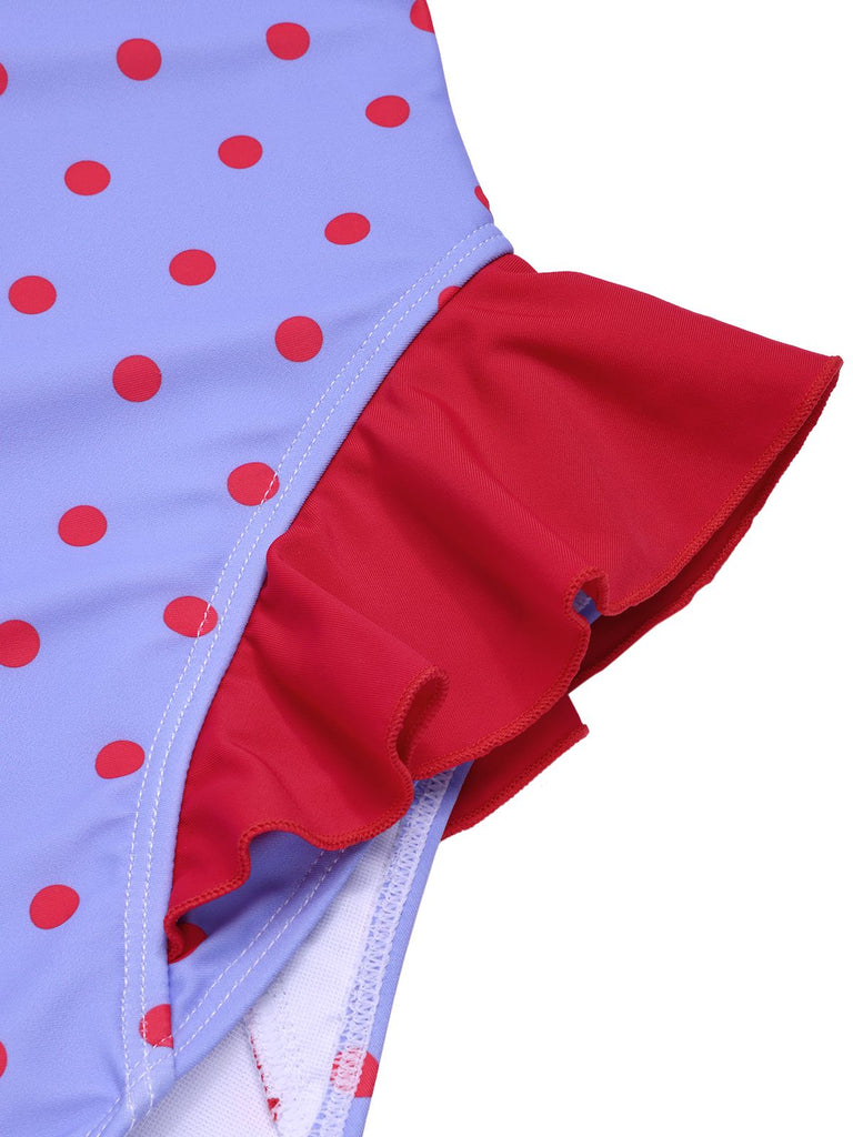 Purple 1950s Polka Dots Ruffles One-Piece Swimsuit