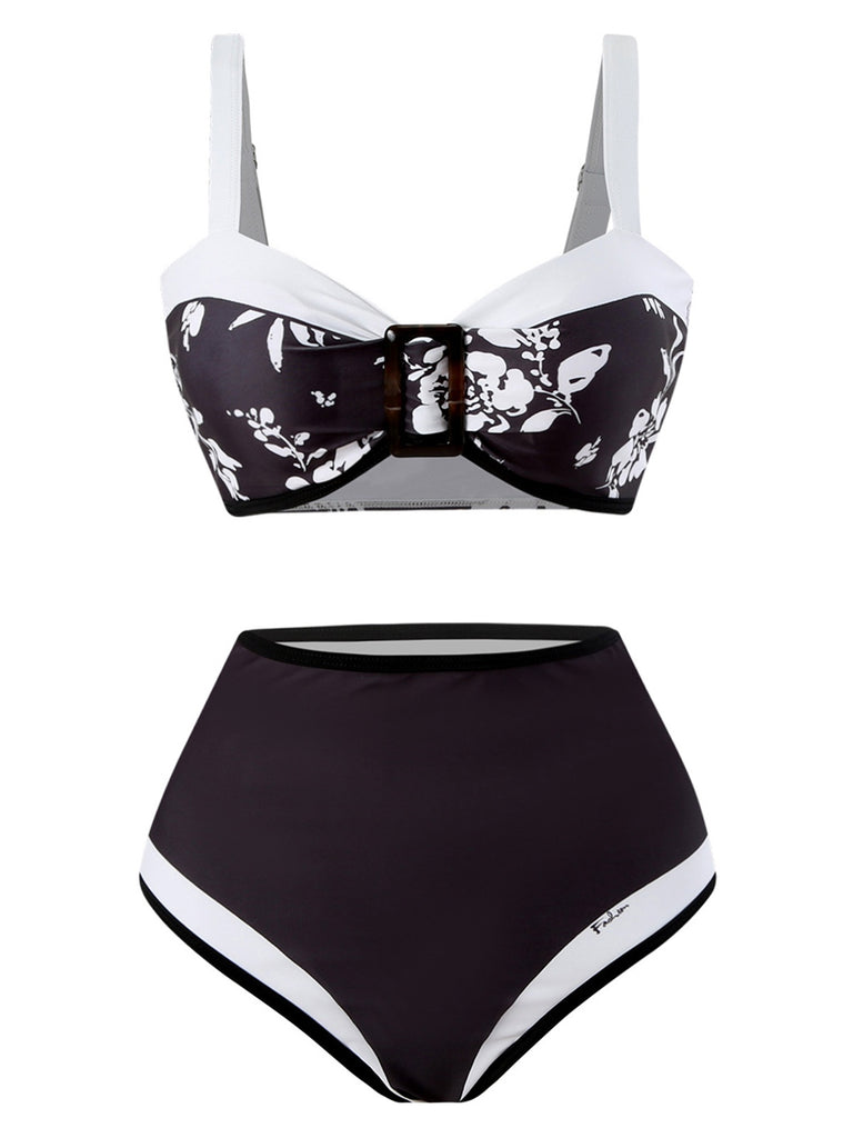 1940s Silhouette Plants Wide Straps Bikini