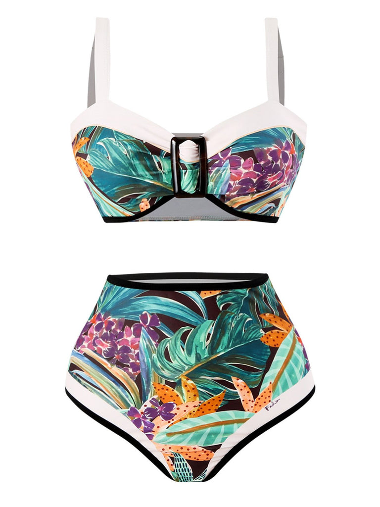 1940s Silhouette Plants Wide Straps Bikini