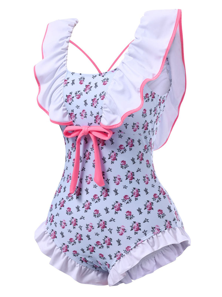 Blue 1950s Ditsy Floral Bow Ruffled Swimsuit