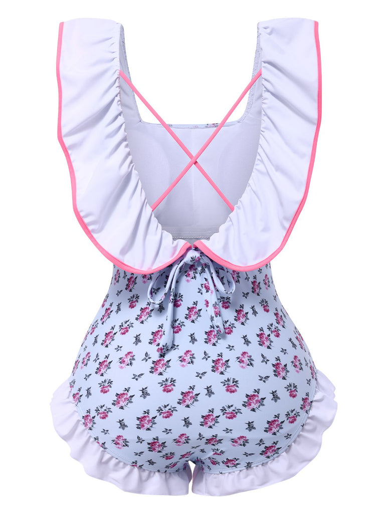 Blue 1950s Ditsy Floral Bow Ruffled Swimsuit