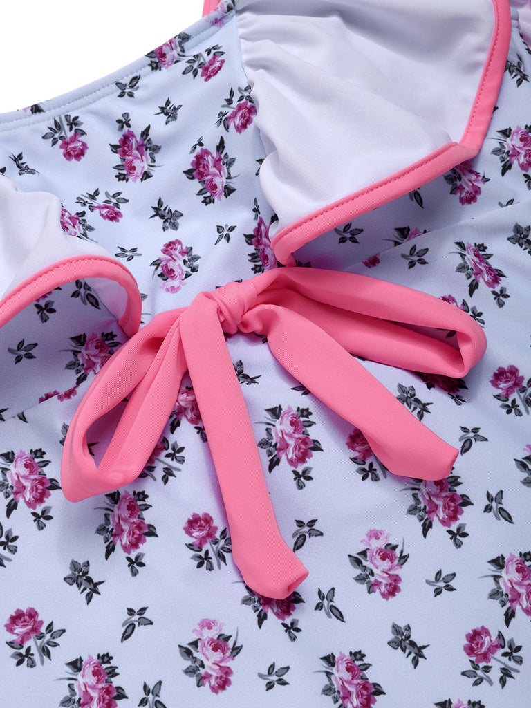 Blue 1950s Ditsy Floral Bow Ruffled Swimsuit