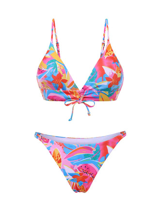 Multicolor 1960s Fruit Print Straps Bikini Set