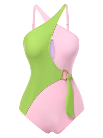 1980s Contrast Cross Strap Ring-Tie One-Piece Swimsuit