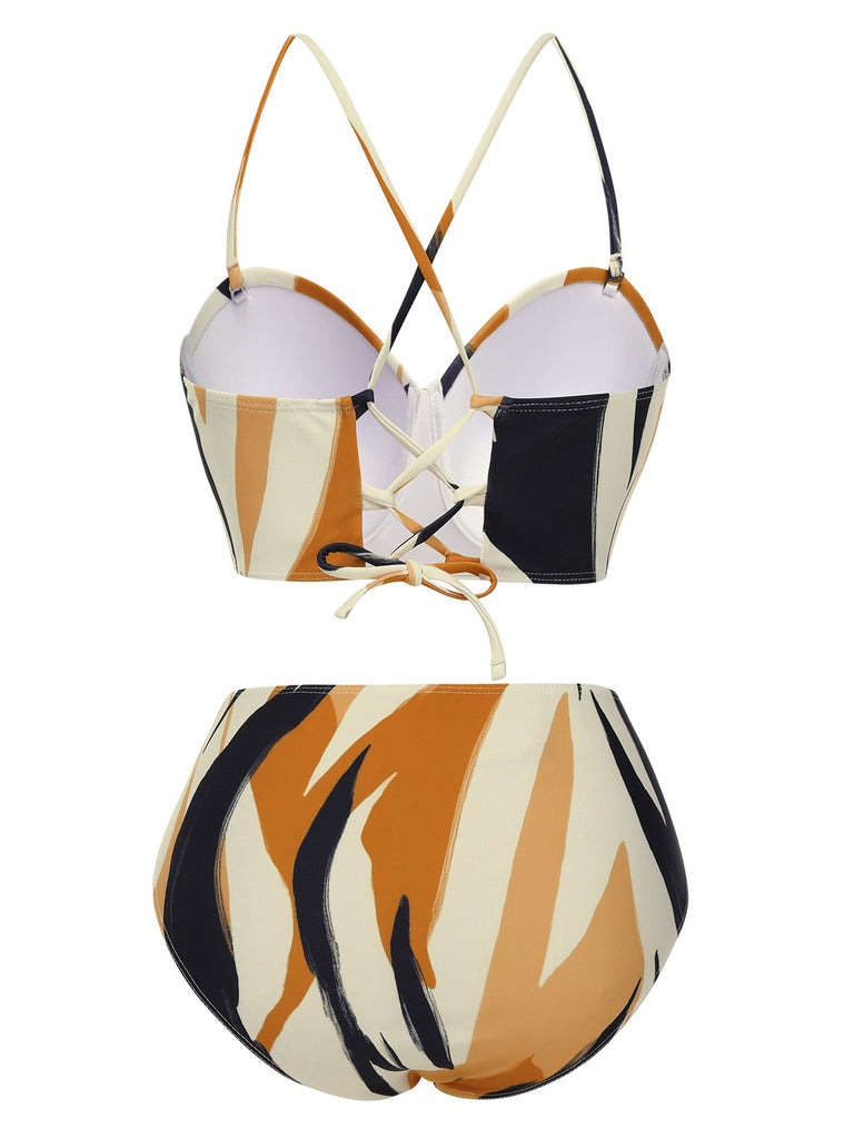 Multicolor 1940s Artistic Brush Straps Lace-Up Swimsuit