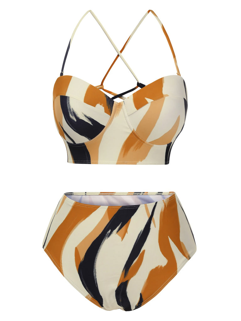 Multicolor 1940s Artistic Brush Straps Lace-Up Swimsuit