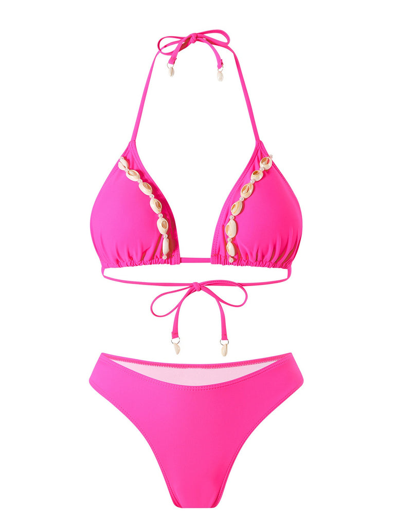 Rose Red 1940s Boho Seashell Halter Bikini Set